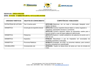 Rua Cecilia Meireles nº 540, Centro CEP 68.555-093, Xinguara - PA
Contato: 3426 – 2943 SEMEC - 3426 – 1029 Gabinete - E-mail: semec@xinguara.pa.gov.br
DISCIPLINA: LÍNGUA INGLESA
SÉRIE: 4ª ETAPA / 4º BIMESTRE (09/10 a 14/12 de 2023) 48 DIAS
UNIDADES TEMÁTICAS OBJETOS DE CONHECIMENTO COMPETÊNCIAS / HABILIDADES
ESTRATÉGIA DE LEITURA. Text: A techie world. (EF07LI09) Selecionar, em um texto a informação desejada como
objetivo de leitura.
GRAMÁTICA. Construção de repertório lexical. (EF07LI15) Construir repertório lexical relativo a verbos regulares e
irregulares, preposições de tempo e conectores.
(EF07LI16) Construir repertório relativo às expressões usadas para o
convívio social e o uso da língua inglesa em sala de aula.
GRAMÁTICA. Polissemia. (EF07LI17) Explorar o caráter polissêmico de palavras de acordo com o
texto de uso.
GRAMÁTICA. Imperativo. EF06LI21) Reconhecer o uso
atividades,comandos e instruções.
do Imperativo em enunciados de
GRAMÁTICA. Pronomes Relativos. (EF08LI17) Empregar, de modo, os pronomes relativos, para construir
períodos compostos por subordinação.
VOCABULÁRIO. Compreensão oral. (EF09LI03) Copilar as ideias-chave de textos por meio de tomada de
notas.
 
