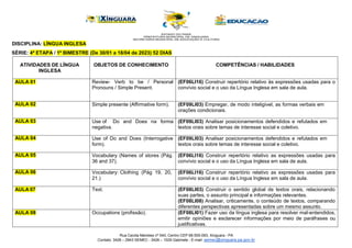 Rua Cecilia Meireles nº 540, Centro CEP 68.555-093, Xinguara - PA
Contato: 3426 – 2943 SEMEC - 3426 – 1029 Gabinete - E-mail: semec@xinguara.pa.gov.br
DISCIPLINA: LÍNGUA INGLESA
SÉRIE: 4ª ETAPA / 1º BIMESTRE (De 30/01 a 18/04 de 2023) 52 DIAS
ATIVIDADES DE LÍNGUA
INGLESA
OBJETOS DE CONHECIMENTO COMPETÊNCIAS / HABILIDADES
AULA 01 Review- Verb to be / Personal
Pronouns / Simple Present.
(EF06LI16) Construir repertório relativo às expressões usadas para o
convívio social e o uso da Língua Inglesa em sala de aula.
AULA 02 Simple presente (Affirmative form). (EF09LI03) Empregar, de modo inteligível, as formas verbais em
orações condicionais.
AULA 03 Use of
negativa.
Do and Does na forma (EF09LI03) Analisar posicionamentos defendidos e refutados em
textos orais sobre temas de interesse social e coletivo.
AULA 04 Use of Do and Does (Interrogative
form).
(EF09LI03) Analisar posicionamentos defendidos e refutados em
textos orais sobre temas de interesse social e coletivo.
AULA 05 Vocabulary (Names of stores (Pág.
36 and 37).
(EF06LI16) Construir repertório relativo as expressões usadas para
convívio social e o uso da Língua Inglesa em sala de aula.
AULA 06 Vocabulary: Clothing (Pág 19, 20,
21.)
(EF06LI16) Construir repertório relativo as expressões usadas para
convívio social e o uso da Língua Inglesa em sala de aula.
AULA 07 Text. (EF08LI03) Construir o sentido global de textos orais, relacionando
suas partes, o assunto principal e informações relevantes.
(EF08LI08) Analisar, criticamente, o conteúdo de textos, comparando
diferentes perspectivas apresentadas sobre um mesmo assunto.
AULA 08 Occupations (profissão). (EF08LI01) Fazer uso da língua inglesa para resolver mal-entendidos,
emitir opiniões e esclarecer informações por meio de paráfrases ou
justificativas.
 