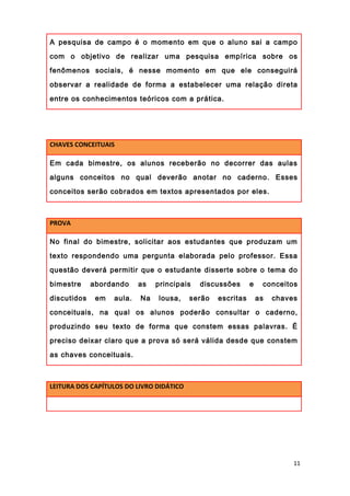 A pesquisa de campo é o momento em que o aluno sai a campo
com o objetivo de realizar uma pesquisa empírica sobre os
fenômenos sociais, é nesse momento em que ele conseguirá
observar a realidade de forma a estabelecer uma relação direta
entre os conhecimentos teóricos com a prática.
CHAVES CONCEITUAIS
Em cada bimestre, os alunos receberão no decorrer das aulas
alguns conceitos no qual deverão anotar no caderno. Esses
conceitos serão cobrados em textos apresentados por eles.
PROVA
No final do bimestre, solicitar aos estudantes que produzam um
texto respondendo uma pergunta elaborada pelo professor. Essa
questão deverá permitir que o estudante disserte sobre o tema do
bimestre abordando as principais discussões e conceitos
discutidos em aula. Na lousa, serão escritas as chaves
conceituais, na qual os alunos poderão consultar o caderno,
produzindo seu texto de forma que constem essas palavras. É
preciso deixar claro que a prova só será válida desde que constem
as chaves conceituais.
LEITURA DOS CAPÍTULOS DO LIVRO DIDÁTICO
11
 