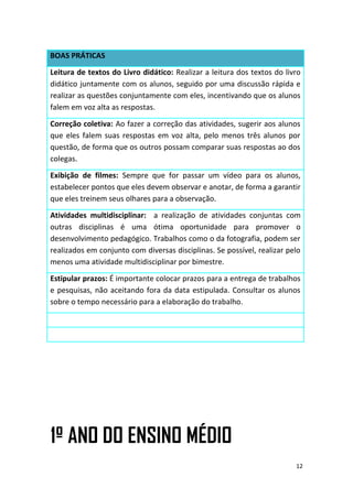 BOAS PRÁTICAS
Leitura de textos do Livro didático: Realizar a leitura dos textos do livro
didático juntamente com os alunos, seguido por uma discussão rápida e
realizar as questões conjuntamente com eles, incentivando que os alunos
falem em voz alta as respostas.
Correção coletiva: Ao fazer a correção das atividades, sugerir aos alunos
que eles falem suas respostas em voz alta, pelo menos três alunos por
questão, de forma que os outros possam comparar suas respostas ao dos
colegas.
Exibição de filmes: Sempre que for passar um vídeo para os alunos,
estabelecer pontos que eles devem observar e anotar, de forma a garantir
que eles treinem seus olhares para a observação.
Atividades multidisciplinar: a realização de atividades conjuntas com
outras disciplinas é uma ótima oportunidade para promover o
desenvolvimento pedagógico. Trabalhos como o da fotografia, podem ser
realizados em conjunto com diversas disciplinas. Se possível, realizar pelo
menos uma atividade multidisciplinar por bimestre.
Estipular prazos: É importante colocar prazos para a entrega de trabalhos
e pesquisas, não aceitando fora da data estipulada. Consultar os alunos
sobre o tempo necessário para a elaboração do trabalho.
1º ANO DO ENSINO MÉDIO
12
 