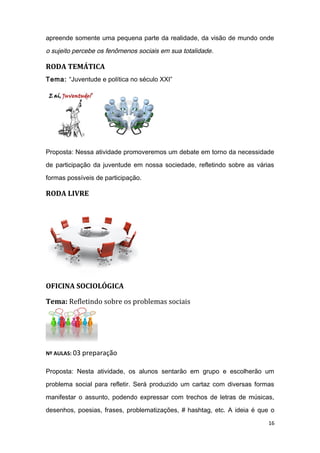 apreende somente uma pequena parte da realidade, da visão de mundo onde
o sujeito percebe os fenômenos sociais em sua totalidade.
RODA TEMÁTICA
Tema: “Juventude e política no século XXI”
Proposta: Nessa atividade promoveremos um debate em torno da necessidade
de participação da juventude em nossa sociedade, refletindo sobre as várias
formas possíveis de participação.
RODA LIVRE
OFICINA SOCIOLÓGICA
Tema: Refletindo sobre os problemas sociais
Nº AULAS: 03 preparação
Proposta: Nesta atividade, os alunos sentarão em grupo e escolherão um
problema social para refletir. Será produzido um cartaz com diversas formas
manifestar o assunto, podendo expressar com trechos de letras de músicas,
desenhos, poesias, frases, problematizações, # hashtag, etc. A ideia é que o
16
 