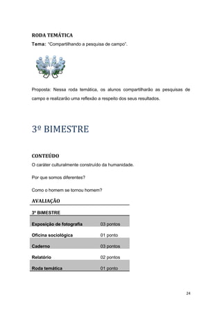 RODA TEMÁTICA
Tema: “Compartilhando a pesquisa de campo”.
Proposta: Nessa roda temática, os alunos compartilharão as pesquisas de
campo e realizarão uma reflexão a respeito dos seus resultados.
3º BIMESTRE
CONTEÚDO
O caráter culturalmente construído da humanidade.
Por que somos diferentes?
Como o homem se tornou homem?
AVALIAÇÃO
3º BIMESTRE
Exposição de fotografia 03 pontos
Oficina sociológica 01 ponto
Caderno 03 pontos
Relatório 02 pontos
Roda temática 01 ponto
24
 