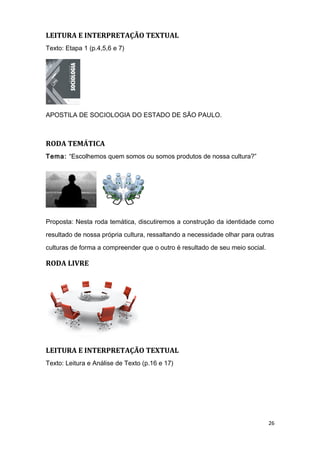 LEITURA E INTERPRETAÇÃO TEXTUAL
Texto: Etapa 1 (p.4,5,6 e 7)
APOSTILA DE SOCIOLOGIA DO ESTADO DE SÃO PAULO.
RODA TEMÁTICA
Tema: “Escolhemos quem somos ou somos produtos de nossa cultura?”
Proposta: Nesta roda temática, discutiremos a construção da identidade como
resultado de nossa própria cultura, ressaltando a necessidade olhar para outras
culturas de forma a compreender que o outro é resultado de seu meio social.
RODA LIVRE
LEITURA E INTERPRETAÇÃO TEXTUAL
Texto: Leitura e Análise de Texto (p.16 e 17)
26
 