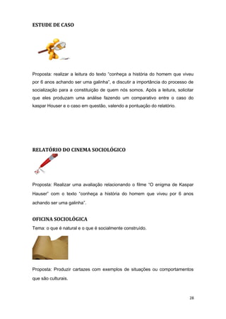 ESTUDE DE CASO
Proposta: realizar a leitura do texto “conheça a história do homem que viveu
por 6 anos achando ser uma galinha”, e discutir a importância do processo de
socialização para a constituição de quem nós somos. Após a leitura, solicitar
que eles produzam uma análise fazendo um comparativo entre o caso do
kaspar Houser e o caso em questão, valendo a pontuação do relatório.
RELATÓRIO DO CINEMA SOCIOLÓGICO
Proposta: Realizar uma avaliação relacionando o filme “O enigma de Kaspar
Hauser” com o texto “conheça a história do homem que viveu por 6 anos
achando ser uma galinha”.
OFICINA SOCIOLÓGICA
Tema: o que é natural e o que é socialmente construído.
Proposta: Produzir cartazes com exemplos de situações ou comportamentos
que são culturais.
28
 