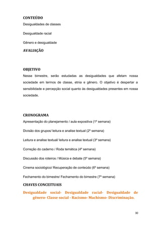 CONTEÚDO
Desigualdades de classes
Desigualdade racial
Gênero e desigualdade
AVALIAÇÃO
OBJETIVO
Nesse bimestre, serão estudadas as desigualdades que afetam nossa
sociedade em termos de classe, etnia e gênero. O objetivo é despertar a
sensibilidade e percepção social quanto às desigualdades presentes em nossa
sociedade.
CRONOGRAMA
Apresentação do planejamento / aula expositiva (1º semana)
Divisão dos grupos/ leitura e analise textual (2º semana)
Leitura e analise textual/ leitura e analise textual (3º semana)
Correção do caderno / Roda temática (4º semana)
Discussão dos roteiros / Música e debate (5º semana)
Cinema sociológico/ Recuperação de conteúdo (6º semana)
Fechamento do bimestre/ Fechamento do bimestre (7º semana)
CHAVES CONCEITUAIS
Desigualdade social- Desigualdade racial- Desigualdade de
gênero- Classe social - Racismo- Machismo- Discriminação.
30
 
