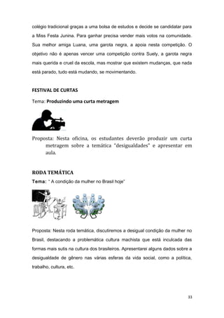 colégio tradicional graças a uma bolsa de estudos e decide se candidatar para
a Miss Festa Junina. Para ganhar precisa vender mais votos na comunidade.
Sua melhor amiga Luana, uma garota negra, a apoia nesta competição. O
objetivo não é apenas vencer uma competição contra Suely, a garota negra
mais querida e cruel da escola, mas mostrar que existem mudanças, que nada
está parado, tudo está mudando, se movimentando.
FESTIVAL DE CURTAS
Tema: Produzindo uma curta metragem
Proposta: Nesta oficina, os estudantes deverão produzir um curta
metragem sobre a temática “desigualdades” e apresentar em
aula.
RODA TEMÁTICA
Tema: “ A condição da mulher no Brasil hoje”
Proposta: Nesta roda temática, discutiremos a desigual condição da mulher no
Brasil, destacando a problemática cultura machista que está inculcada das
formas mais sutis na cultura dos brasileiros. Apresentarei alguns dados sobre a
desigualdade de gênero nas várias esferas da vida social, como a política,
trabalho, cultura, etc.
33
 
