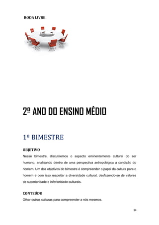 RODA LIVRE
2º ANO DO ENSINO MÉDIO
1º BIMESTRE
OBJETIVO
Nesse bimestre, discutiremos o aspecto eminentemente cultural do ser
humano, analisando dentro de uma perspectiva antropológica a condição do
homem. Um dos objetivos do bimestre é compreender o papel da cultura para o
homem e com isso respeitar a diversidade cultural, desfazendo-se de valores
de superioridade e inferioridade culturais.
CONTEÚDO
Olhar outras culturas para compreender a nós mesmos.
34
 