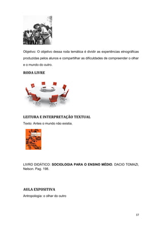 Objetivo: O objetivo dessa roda temática é dividir as experiências etnográficas
produzidas pelos alunos e compartilhar as dificuldades de compreender o olhar
e o mundo do outro.
RODA LIVRE
LEITURA E INTERPRETAÇÃO TEXTUAL
Texto: Antes o mundo não existia.
LIVRO DIDÁTICO: SOCIOLOGIA PARA O ENSINO MÉDIO. DACIO TOMAZI,
Nelson. Pag. 198.
AULA EXPOSITIVA
Antropologia: o olhar do outro
37
 