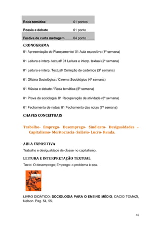 Roda temática 01 pontos
Poesia e debate 01 ponto
Festiva de curta metragem 04 ponto
CRONOGRAMA
01 Apresentação do Planejamento/ 01 Aula expositiva (1º semana)
01 Leitura e interp. textual/ 01 Leitura e interp. textual (2º semana)
01 Leitura e interp. Textual/ Correção de cadernos (3º semana)
01 Oficina Sociológica / Cinema Sociológico (4º semana)
01 Música e debate / Roda temática (5º semana)
01 Prova de sociologia/ 01 Recuperação de atividade (6º semana)
01 Fechamento de notas/ 01 Fechamento das notas (7º semana)
CHAVES CONCEITUAIS
Trabalho- Emprego- Desemprego- Sindicato- Desigualdades –
Capitalismo- Meritocracia- Salário- Lucro- Renda.
AULA EXPOSITIVA
Trabalho e desigualdade de classe no capitalismo.
LEITURA E INTERPRETAÇÃO TEXTUAL
Texto: O desemprego; Emprego: o problema é seu.
LIVRO DIDÁTICO: SOCIOLOGIA PARA O ENSINO MÉDIO. DACIO TOMAZI,
Nelson. Pag. 54, 55.
45
 