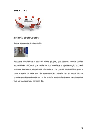 RODA LIVRE
OFICINA SOCIOLÓGICA
Tema: Apresentação de painéis
Proposta: dividiremos a sala em vários grupos, que deverão montar painéis
sobre lideres históricos que mudaram sua realidade. A apresentação ocorrerá
em dois momentos, no primeiro dia metade dos grupos apresentação para a
outra metade da sala que não apresentarão naquele dia, no outro dia, os
grupos que não apresentaram no dia anterior apresentarão para os estudantes
que apresentaram no primeiro dia.
72
 