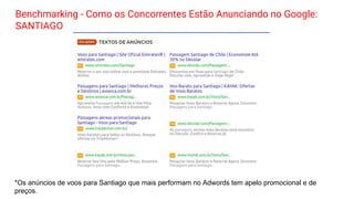 Benchmarking - Como os Concorrentes Estão Anunciando no Google:
SANTIAGO
*Os anúncios de voos para Santiago que mais performam no Adwords tem apelo promocional e de
preços.
 
