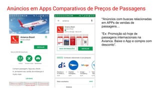 Anúncios em Apps Comparativos de Preços de Passagens
*Anúncios com buscas relacionadas
em APPs de vendas de
passagens…
“Ex: Promoção só hoje de
passagens internacionais na
Avianca. Baixe o App e compre com
desconto”.
 