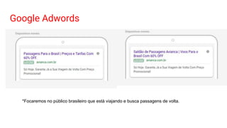 Google Adwords
*Focaremos no público brasileiro que está viajando e busca passagens de volta.
 