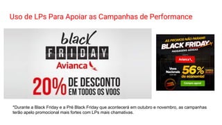 Uso de LPs Para Apoiar as Campanhas de Performance
*Durante a Black Friday e a Pré Black Friday que acontecerá em outubro e novembro, as campanhas
terão apelo promocional mais fortes com LPs mais chamativas.
 