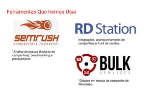 Ferramentas Que Iremos Usar
Integrações, acompanhamento de
campanhas e Funil de vendas.
*Disparo em massa de campanha de
WhatsApp.
*Análise de buscas (Insights de
campanhas), benchmarking e
planejamento.
 