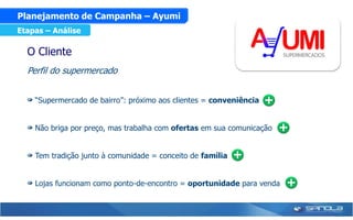 Planejamento de Campanha – Ayumi
Etapas – Análise

  O Cliente
  Perfil do supermercado


    “Supermercado de bairro”: próximo aos clientes = conveniência


    Não briga por preço, mas trabalha com ofertas em sua comunicação


    Tem tradição junto à comunidade = conceito de família


    Lojas funcionam como ponto-de-encontro = oportunidade para venda
 