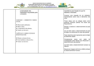 contemplação das
habilidades requisitadas para
o bimestre.
UNIDADE 1 - AMBIENTE E SERES
VIVOS
★ Observando ambientes;
★ Mãos à obra;
★ A importância das plantas;
★ Vamos ver de novo;
CAPÍTULO 2- SERES VIVOS SE
DESENVOLVEM
★ Plantas se desenvolvem;
★ Você também se desenvolve;
★ Vamos ver de novo.
importância para fixação do que foi
debatido e estudado.
Construir uma maquete de um ambiente,
representando seres vivos e elementos não
vivos.
.
Trocar ideias com os colegas sobre como
podemos introduzir plantas nos locais que
frequentamos.
Semear e observar o desenvolvimento de pés
de feijão.
Ler um texto sobre o desenvolvimento de pés
de feijão e as estruturas do corpo das plantas.
Fazer desenhos para representar pés de feijão
de diferentes idades.
Complementar textos com relato de
investigações sobre fatores que influenciam o
desenvolvimento das plantas.
Ler texto sobre o desenvolvimento humano na
infância.
Sequenciar imagens de forma a refletir as fases
do desenvolvimento humano.
 