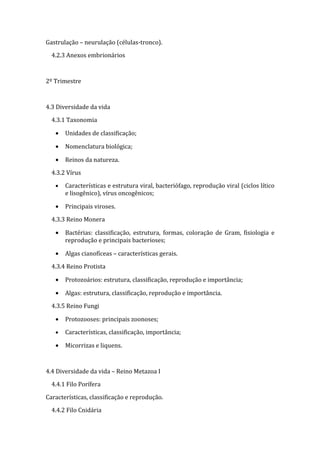 Gastrulação – neurulação (células-tronco).

  4.2.3 Anexos embrionários



2º Trimestre



4.3 Diversidade da vida

  4.3.1 Taxonomia

   •   Unidades de classificação;

   •   Nomenclatura biológica;

   •   Reinos da natureza.

  4.3.2 Vírus

   •   Características e estrutura viral, bacteriófago, reprodução viral (ciclos lítico
       e lisogênico), vírus oncogênicos;

   •   Principais viroses.

  4.3.3 Reino Monera

   •   Bactérias: classificação, estrutura, formas, coloração de Gram, fisiologia e
       reprodução e principais bacterioses;

   •   Algas cianofíceas – características gerais.

  4.3.4 Reino Protista

   •   Protozoários: estrutura, classificação, reprodução e importância;

   •   Algas: estrutura, classificação, reprodução e importância.

  4.3.5 Reino Fungi

   •   Protozooses: principais zoonoses;

   •   Características, classificação, importância;

   •   Micorrizas e liquens.



4.4 Diversidade da vida – Reino Metazoa I

  4.4.1 Filo Porífera

Características, classificação e reprodução.

  4.4.2 Filo Cnidária
 