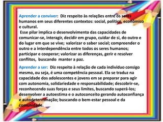 Aprender a conviver: Diz respeito às relações entre os seres
humanos em seus diferentes contextos: social, político, econômico
e cultural.
Esse pilar implica o desenvolvimento das capacidades de
comunicar-se, interagir, decidir em grupo, cuidar de si, do outro e
do lugar em que se vive; valorizar o saber social; compreender o
outro e a interdependência entre todos os seres humanos;
participar e cooperar; valorizar as diferenças, gerir e resolver
conflitos, buscando manter a paz.
Aprender a ser: Diz respeito à relação de cada indivíduo consigo
mesmo, ou seja, é uma competência pessoal. Ela se traduz na
capacidade dos adolescentes e jovens em se preparar para agir
com autonomia, solidariedade e responsabilidade; descobrir-se,
reconhecendo suas forças e seus limites, buscando superá-los;
desenvolver a autoestima e o autoconceito gerando autoconfiança
e autodeterminação; buscando o bem-estar pessoal e da
comunidade.
 