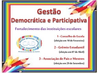 Fortalecimentodas instituições escolares
1 - Conselho de Escola
(eleição em 10 de Fevereiro)
2 - Grêmio Estudantil
(eleição em 07 de Abril)
3 - Associaçãode Pais e Mestres
(eleição em 29 deSetembro)
 