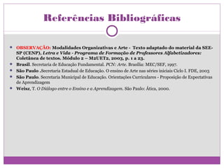Referências Bibliográficas

 OBSERVAÇÃO: Modalidades Organizativas e Arte - Texto adaptado do material da SEE-
    SP (CENP), Letra e Vida - Programa de Formação de Professores Alfabetizadores:
    Coletânea de textos. Módulo 2 – M2UET2, 2003, p. 1 a 23.
   Brasil. Secretaria de Educação Fundamental. PCN: Arte. Brasília: MEC/SEF, 1997.
   São Paulo .Secretaria Estadual de Educação. O ensino de Arte nas séries iniciais Ciclo I. FDE, 2003
   São Paulo. Secretaria Municipal de Educação. Orientações Curriculares - Proposição de Expectativas
    de Aprendizagem
   Weisz, T. O Diálogo entre o Ensino e a Aprendizagem. São Paulo: Ática, 2000.
 