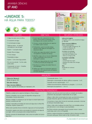 Araribá ciências
6o
ano
planejamento interativo12
»Unidade 5:
há água para todos?
Orientações Pedagógicas
avaliação
Oficina de Ciências 6:
Relógio de água (p. 221).
Gibi sobre doenças.
Guia e recursos didáticos:
Ao lado, sugestões de atividades por habilidade (p. 81):
Compreensão leitora – 3 e 4.
Elaboração e interpretação de tabelas, gráficos e esquemas – 2 e 8.
Expressão escrita e argumentação – 3 a 7.
Análise de acontecimentos, fenômenos ou situações – 1, 3, 5, 6 e 9.
Elaboração de prognósticos – 7, 10 e 11.
Trabalhe a unidade sob os aspectos biológicos e físicos da água.
Explore o infográfico com as causas do desperdício de água na sua
comunidade e solicite alternativas.
Retome a Unidade 2 e explique por que sem água no estado líquido não é
possível a existência de vida.
Explique a importância estratégica de reservas de água doce no Brasil (Rio
Amazonas, Aquífero Guarani etc.).
Reflita sobre questões éticas envolvendo a água para as futuras gerações.
Se possível, organize uma visita a uma estação de tratamento de água de
sua região. Solicite uma pesquisa sobre energia hidrelétrica.
Aborde o processo de dessalinização, muito comum em países com pouca
água doce.
Elaborem uma carta ao jornal local sobre as condições de moradia e
saneamento das populações marginalizadas de sua região.
Indique o vídeo sobre contaminação dos mares, que demonstra como a
poluição (industrial, agrícola e doméstica) afeta ecossistemas.
Conscientize a classe sobre formas de transmissão, prevenção e sintomas
de doenças relacionadas à água.
Utilize o vídeo sobre mudanças de estado físico e as atividades práticas
para demonstrar o ciclo da água e suas propriedades.
Na Oficina, estimule a percepção de que é possível marcar o tempo
usando água, assim como na Antiguidade.
Solicite a criação de histórias em quadrinhos sobre as doenças estudadas
(uma para cada grupo). Reúna todas as HQs, formando um gibi.
Conteúdo Objetivos Recursos oferecidos
• A água nos seres vivos e na Terra.
• O tratamento da água.
• A contaminação da água.
• Saúde em pauta – As doenças
contraídas por meio da água.
• Explore – A poluição da água.
• Estados físicos da água.
• O ciclo da água.
• Propriedades da água.
• Explore – Como obter água potável.
• Por uma nova atitude – Se não cuidar,
pode acabar.
• Compreender um texto – A batalha
contra os pernilongos.
1. Estudar alguns dos componentes do nosso
planeta, entrecruzando as dimensões sociais,
tecnológicas e dos conceitos científicos.
2. Articular o estudo da hidrosfera com aspectos
do cotidiano social e cultural.
3. Problematizar, a partir do estudo da água,
questões sociais ligadas às tecnologias e ao
saneamento básico.
4. Verificar que a água não potável é veículo de
microrganismos causadores de doenças.
5. Identificar a água como um recurso indispensável
à vida e compreender como ocorre sua
distribuição no planeta.
6. Perceber que a água participa de um ciclo global
e contínuo provocado pela energia solar.
7. Reconhecer as mudanças de estados físicos no
ciclo hidrológico.
8. Verificar que a água é um importante agente do
intemperismo e se comporta como um solvente
de muitas substâncias.
Leitura de imagens:
Infográfico sobre o uso consciente da água
(p. 108-109).
Guia e recursos didáticos:
Textos complementares:
- As águas da região amazônica (p. 74).
- O vetor do dengue (p. 76).
- Esquistossomose (p. 77).
Atividades de ampliação:
- O volume do gelo (p. 78).
- Para onde vai a rolha? (p. 79).
- Adote um córrego (p. 80).
Conteúdo multimídia:
- Gêiseres.
- Contaminação dos mares.
- Mudanças de estado físico da água.
- Dengue.
Site:
Vocabulário em contexto:
- Ciclo.
MEIO
AMBIENT
E
SAÚ
DE
ÉTICA
E
CIDADA
NIA
EDUCAÇÃ
O
PARA O
CONSUMO
 