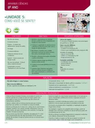 Araribá ciências
8o
ano
28 planejamento interativo
»Unidade 5:
como você se sente?
Conteúdo Objetivos Recursos oferecidos
• De olho nas notícias.
• O sistema nervoso.
• Explore – O cérebro dos
adolescentes: manual do usuário.
• As drogas.
• O sistema endócrino.
• Saúde dos sistemas nervoso
e endócrino.
• Explore – Cresce consumo de
drogas no país.
• Por uma nova atitude – O álcool
afeta o sistema nervoso?
• Compreender um texto –
Tropeçando em uma nova língua.
1. Identificar características dos sistemas
nervoso e endócrino como integradores de
funções do corpo humano.
2. Conhecer a organização do sistema nervoso
e identificar as diversas partes, bem como a
função de cada uma delas.
3. Reconhecer o neurônio como unidade
estrutural e funcional do sistema nervoso,
bem como a coordenação nervosa.
4. Perceber a diferença entre ações voluntárias
e ações involuntárias.
5. Conhecer algumas drogas que afetam o
sistema nervoso central.
6. Conhecer as principais glândulas do sistema
endócrino.
7. Conhecer alguns distúrbios que podem
afetar os sistemas nervoso e endócrino,
bem como a prevenção e o tratamento de
tais distúrbios.
Leitura de imagens:
O cartunista Fernando Gonsales e seus personagens
de quadrinhos (p. 122-123).
Guia e recursos didáticos:
Textos complementares:
- O cérebro e as emoções (p. 87).
- O dia em que a neurociência vai às compras (p. 88).
Atividades de ampliação:
- Caça ao tesouro (p. 89).
- Cérebro ou computador? (p. 90).
- Drogas psicoativas (p. 91).
Conteúdo multimídia:
- Coordenação neuro-hormonal.
- Sistema endócrino.
- Sistema nervoso.
Site:
Vocabulário em contexto:
- Reflexo.
avaliação
HQ sobre drogas e o corpo humano.
Guia e recursos didáticos:
Ao lado, sugestões de atividades por habilidade (p. 94):
Compreensão leitora – 1 a 8.
Elaboração e interpretação de tabelas, gráficos e esquemas – 1, 4, 5 e 7.
Expressão escrita e argumentação – 1 a 5, 7 e 8.
Análise de fenômenos e acontecimentos – 1, 3, 4 e 8.
Elaboração de prognósticos – 1, 3 e 8.
Orientações Pedagógicas
Utilize as HQs de Fernando Gonsales, encontradas em jornais e na
internet, para discutir a criação de obras de ficção usando como
personagens os seres com características que são comuns aos
conhecimentos científicos.
Valorize o debate sobre as notícias propostas para que os alunos
exponham suas opiniões e as formalizem ao longo da Unidade.
Solicite a confecção de um cartaz com o esboço de um corpo humano,
traçando “caminhos” com canetas coloridas, simbolizando o percurso
dos hormônios, dos gases respiratórios e dos nutrientes. Ao longo das
Unidades, formalize as propostas.
Peça aos alunos que descrevam campanhas veiculadas pela TV, como
a de conscientização para não dirigir alcoolizado. Em Por uma nova
atitude, discuta sobre a função do sistema nervoso no controle motor
do indivíduo.
Explore as imagens do corpo humano representadas no livro para que os
alunos compreendam a dinâmica de controle e regulação nervosa em
diferentes órgãos.
Reproduza o conteúdo multimídia para explicar como os sistemas
endócrino e nervoso atuam para realizar as atividades do dia a dia.
Encomende uma pesquisa sobre a legalidade e a legalização de algumas
drogas lícitas e ilícitas.
Na Ampliação 3, organize uma campanha sobre as drogas, a partir da
realidade local, mostrando a influência na vida da família do usuário até
os problemas para sair do vício.
Aborde as doenças neurológicas (degenerativas e psíquicas) e endócrinas,
como diabetes, destacando formas de prevenção.
Proponha a criação, em grupos, de HQs que se passem no interior do
corpo humano, sobre o efeito das drogas e suas consequências.
SAÚ
DE
ÉTICA
E
CIDADA
NIA
 