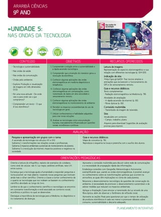 Araribá ciências
9o
ano
36 planejamento interativo
»Unidade 5:
nas ondas da tecnologia
avaliação
Pesquisa e apresentação em grupos com o tema:
A ascensão da tecnologia nos séculos XX e XXI.
Subtema 1: transformações nas relações sociais e profissionais.
Subtema 2: impactos ambientais e potencial de monitoramento do planeta.
Subtema 3: a revolução da internet, impactos positivos e negativos na
sociedade.
Guia e recursos didáticos:
Mapa de conceitos (p. 76).
Reproduza o esquema na lousa e preencha com o auxílio dos alunos.
Orientações Pedagógicas
Oriente a leitura do infográfico, repleto de exemplos do cotidiano,
como sinal de celular, raio X, luz negra, satélites artificiais, raios UV,
entre outros.
Esclareça que a tecnologia ajuda a humanidade a responder perguntas e
torna possível ver mais adiante, trazendo novas perguntas que motivam
ainda mais o olhar científico. Oriente a classe a tomar conhecimento de
o quanto as tecnologias que nos rodeiam se baseiam no conhecimento
científico abordado ao longo do livro.
Lembre-os de que o conhecimento científico e tecnológico se encontra
em constante transformação e está associado ao contexto social,
econômico e político no qual se desenvolve.
Destaque a importância da tecnologia para a Medicina, no diagnóstico e
no tratamento de doenças.
Aproveite o conteúdo multimídia para discutir sobre rede de comunicações
e a necessidade de propagação rápida das informações.
Estabeleça conexões com Geografia, Meteorologia e Astronomia
exemplificando que, usando as ondas eletromagnéticas, é possível avançar
no conhecimento sobre as transformações químicas que ocorrem na
atmosfera, as quais têm implicações no clima de cada planeta.
Relacione o desenvolvimento tecnológico às questões de conservação do
ambiente, à necessidade de promover o desenvolvimento sustentável e de
adotar medidas que reduzam os impactos ambientais.
Aplique a Ampliação 2 para simular a transmissão da luz através de uma
fibra óptica, além de observar o fenômeno de reflexão total.
Aproveite as seções finais para questionar por que o tempo de utilização
de produtos eletrônicos é cada vez menor e promover debates sobre
consumo, sustentabilidade e descarte adequado.
Conteúdo Objetivos Recursos oferecidos
• Tecnologia e sustentabilidade.
• Nas ondas da saúde.
• Nas ondas da comunicação.
• Ondas pelo ambiente.
• Explore: Produção e visualização
de imagens em três dimensões
(3-D).
• Por uma nova atitude - De onde
veio e para onde vai o que
compramos?
• Compreender um texto - O que
é lixo eletrônico?
1. Compreender a relação entre a sustentabilidade e
a rápida ascensão tecnológica.
2. Compreender que a invenção do transistor gerou a
revolução da eletrônica.
3. Conhecer algumas aplicações das ondas
eletromagnéticas em medicina diagnóstica e
terapêutica.
4. Conhecer algumas aplicações das ondas
eletromagnéticas em comunicações, como
transmissão de dados em alta velocidade e
sensoriamento remoto.
5. Conhecer algumas aplicações das ondas
eletromagnéticas no monitoramento do ambiente.
6. Perceber os impactos socioambientais do uso da
tecnologia em geral.
7. Utilizar conhecimentos e habilidades adquiridos
para criar novas soluções.
8. Analisar as tecnologias como uma produção
humana, marcadamente influenciada por questões
sociais, econômicas e políticas.
Leitura de imagens:
Representação do espectro eletromagnético e sua
relação com diferentes tecnologias (p. 104-105).
Indicação de site:
http://goo.gl/rpk5h Traz textos simples e
animações que esclarecem o funcionamento do
GPS e do sensoriamento remoto.
Guia e recursos didáticos:
Texto complementar:
- Radiação eletromagnética na Medicina (p. 78).
Atividades de ampliação:
- A rápida ascensão da internet (p. 81).
- Fibras ópticas (p. 82).
Conteúdo multimídia:
- Transmissão da imagem de televisão.
Site:
Vocabulário em contexto:
- Campo,trabalho, plano.
Arquivos para download: Sugestões de avaliação
prontas para imprimir.
MEIO
AMBIENT
E
ÉTICA
E
CIDADA
NIA
EDUCAÇÃ
O
PARA O
CONSUMO
SAÚ
DE
 