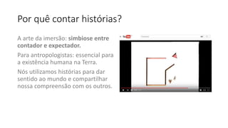 Por quê contar histórias?
A arte da imersão: simbiose entre
contador e expectador.
Para antropologistas: essencial para
a existência humana na Terra.
Nós utilizamos histórias para dar
sentido ao mundo e compartilhar
nossa compreensão com os outros.
 
