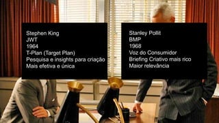 Stephen King
JWT
1964
T-Plan (Target Plan)
Pesquisa e insights para criação
Mais efetiva e única
Stanley Pollit
BMP
1968
Voz do Consumidor
Briefing Criativo mais rico
Maior relevância
 