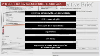 2. BUSCAR O CAMINHO PARA A MELHOR SOLUÇÃO
Público a ser atingido
Tom de voz
Qual espaço a marca quer preencher
na vida das pessoas
Mensagem a ser transmitida
Abordagem/argumentos
Pontos de contato
 