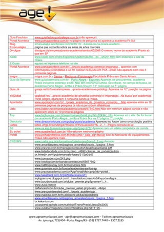Guia Faschion     www.guiafashionportoalegre.com.br (não aparece)
Portal Acontece   www.portalacontece.com.br na página de pesquisa só aparece a academia Fit Sul
Blog              emanuelajka.wordpress.com/2010/10/.../karate-do-na-praxis-academi...
Emanuelajka       página que comenta sobre as aulas de artes marciais
Divulgue          divulgue.biz/empresa/praxis-academia/santos/602088 O mesmo nome da academia Praxis só
                  que em SP
Kiede             www.kiede.com.br/dirs/Esportes/Academias/Rio...do.../25201.html tem endereço e site da
                  Praxis
E Guias           eguias.net Aparece telefone no site
Portal Acontece   www.portalacontece.com.br/.../praxis-academia-comercio-importaca... aparece com
                  informações incompletas e se for colocar na busca em PoA...então não aparece nem nas 3
                  primeiras páginas.
Imigra            imigra.com.br › Santos › Medicina - Fisioterapia Faculdade Práxis em Santo Amaro.
Guia da Semana    www.guiadasemana.com.br › Porto Alegre › Esportes Aparece, se procurarmos, academia
                  Práxis incluindo endereço e site. Não tem nenhuma curtida. Se colocar, no campo de busca, só
                  academia Porto Alegre...então a Práxis fica em 11° colocação na 1° página
Guia Já           guiaja.net.br/busca/empresa/.../praxis-academia-e-podologi..Aparece na 12° posição na página
                  5
YpGlobal          ypglobal.net/.../praxis-academia-de-ginastica-comercio-e-importacao...Na busca por academias
                  Porto Alegre, aparecem 4 nenhuma sendo a Práxis.
Apontador         www.apontador.com.br/.../praxis_academia_de_ginastica_comercio_...Não aparece entre as 10
                  primeiras páginas de pesquisa (e não é por ordem alfabética).
Lista             www.listabr.net/empresa/academia-praxis/97340.html Não tem nenhum página curtida e não
                  aparecem entre as 10 primeiras páginas
Top               www.topbuscas.com.br/searchserver/detail.php?id=32434/...htm Aparece só o site. Se for bucar
                  por academia Porto Alegre...então a Práxis fica na 1° página, 7° posição.
Directorio        www.directorioforuns.com/pt/tag/praxis/academia Apareceu no forum como uma citação positiva
Lattes            lattes.ufrgs.br/servlet/jpkFltGeral.cFltVisualizador?&...2...1...Página retirada do ar.
SS                www.ss.esp.br/eventos/evenav.asp?pag=2732 Aparece com um atleta competidor de corrida.
Eu achei          www.euacheifacil.com.br/ Não está em nenhuma página
Portal            www.portalprofitness.com.br/index.php?_pagi_pg=3&xvar Site de fabricante de equipamentos.
                  Práxis não aparece mais...
CREFRS            www.crefrs.org.br/informativos/boletim/ano5/ano5_8.asp Anúncio
                  www.amarillasperu.net/paginas_amarelas/praxis.../pagina_5.htm
                  www.prayres.com.br/manager/conteudo/ClassificacaoGeral.pdf
                  www.listadacidade.com.br/suzano.../4692-clinicas_de_podologia.htm...
                  br.linkedin.com/pub/emanuela-lopes/31/2a0/b57
                  www.bomsaber.com/243.php
                  www.fotolog.com.br/bandastereosound/55677762
                  www.fullfitnessday.com.br/instrutores.html
                  www.guiamais.com.br/busca/academias-santos-sp
                  www.praxisacademia.com.br/AppPortal/Main.php?do=portal...
                  www.tweetrank.com.br/perfil/stereosound1
                  tephyperrone.blogspot.com/.../resultado-correndo-24h-porto-alegre...
                  www.bourboncard.com.br/clube_premier.php?phome=1...4...
                  www.zura.com.br
                  zaffaricard.com.br/clube_premier_estab.php?valor...4&tipo
                  www.areyouinterested.com/.../praxis_academia/p...
                  www.rsaikikai.com.br/rs-aikikai/rs-aikikai/apoiadores
                  www.amarillasperu.net/paginas_amarelas/praxis.../pagina_3.htm
                  br.kekanto.com
                   picasaweb.google.com/rsaikikai/TreinoPraxisMarcoDe2005
                  www.outdoormagazine.com.br/detalhes.php?id=1195...


              www.agecomunicacao.com - age@agecomunicacao.com – Twitter: agecomunicacao
                   Av. Ipiranga, 725/404 - Porto Alegre/RS - (51) 3737.7448 – 3307.2185
 