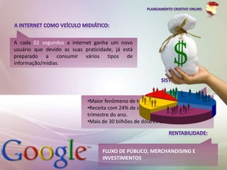 A cada 02 segundos a internet ganha um novo
usuário que devido as suas praticidade, já está
preparado a consumir vários tipos de
informação/mídias.




                             •Maior fenômeno de todos os tempos.
                             •Receita com 24% de crescimento no segundo
                             trimestre do ano.
                             •Mais de 30 bilhões de dólares em caixa.




                                   FLUXO DE PÚBLICO, MERCHANDISING E
                                   INVESTIMENTOS
 