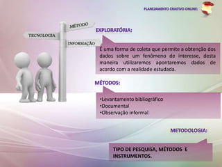 É uma forma de coleta que permite a obtenção dos
dados sobre um fenômeno de interesse, desta
maneira utilizaremos apontaremos dados de
acordo com a realidade estudada.




•Levantamento bibliográfico
•Documental
•Observação informal




     TIPO DE PESQUISA, MÉTODOS E
     INSTRUMENTOS.
 