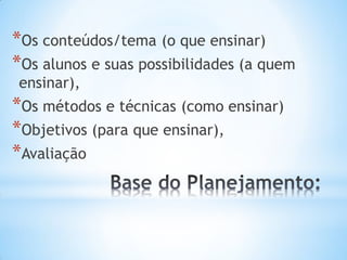 *Os conteúdos/tema (o que ensinar)
*Os alunos e suas possibilidades (a quem
ensinar),
*Os métodos e técnicas (como ensinar)
*Objetivos (para que ensinar),
*Avaliação
 