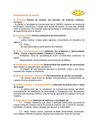 Planejamento do evento

1. [Entrada] Resumo da situação (de mercado, da empresa, produtos,
serviços).
- O cliente, a Faculdade de Comunicação Social (FACOS), requeriu um evento de
socialização universitário, voltado pros alunos da mesma. O curso está dividido
entre os semestres, não havendo muita aproximação e, conseqüentemente, troca
de experiências entre os alunos.

2. [Prato por prato] Análise comparativa da concorrência:
       2.1 –Serviço
       - outros eventos criados pelas agências concorrentes da disciplina de
Agência I.
       2.2 – Preço
       - 30 reais (destinados à parte gráfica do trabalho)

3. [Pratos quentes/pratos frios] Definição dos problemas e oportunidades
(FOFA = Forças e Oportunidades/ Fraquezas e Ameaças)
      -Problemas: falta de sociabilização entre os diferentes semestres da
FACOS.
      -Oportunidades: potencialidade comunicacional do público.

4. [Vegetariano ou Churrascaria] Determinação dos objetivos de comunicação
(Que imagem a campanha quer transmitir?)
      - A imagem de uma palestra interativa e divertida, unida a uma forma
inovadora de integrar os semestres.

5. [Área de fumante e não-fumante] Posicionamento do serviço no mercado
       - Um evento como forma de agregar entretenimento e conhecimento de
maneira atrativa ao público-alvo.

6. [Pratos principais e acompanhamentos] Descrição do público-alvo e áreas
de atuação
       - O público-alvo são os estudantes de Comunicação Social, da UFSM,
principalmente da habilitação de Publicidade e Propaganda, que demonstrem
interesse pelo processo criativo e suas formas de aplicação em qualquer forma de
trabalho.

7. [Sugestão da casa] Definição de objetivos e estratégias de:
       7.1 – Criação: elementos que unam a atividade publicitária (processo de
criação, bloqueio criativo, teoria do processo criativo) com a culinária; comidas,
atividades, temperos, doces, salgados que agucem a criatividade.

       7.2 – Mídia: Teaser, Cartaz, Chamada na Rádio Universidade, Certificado,
Livro Digital e Prêmios Culinários, Release para imprensa e ficha de inscrição.
 
