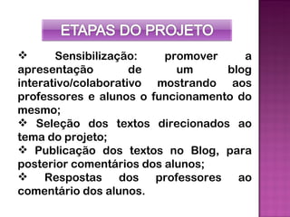       Sensibilização:    promover    a
apresentação         de     um     blog
interativo/colaborativo mostrando aos
professores e alunos o funcionamento do
mesmo;
 Seleção dos textos direcionados ao
tema do projeto;
 Publicação dos textos no Blog, para
posterior comentários dos alunos;
 Respostas dos professores ao
comentário dos alunos.
 