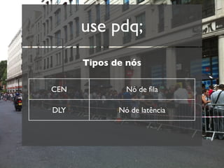 use pdq;
      Tipos de nós

CEN            Nó de ﬁla

DLY          Nó de latência
 