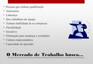 O Mercado de Trabalho busca...
• Pessoas que tenham qualificação
• Autonomia
• Liderança
• Que trabalham em equipe
• Tenham habilidade de se comunicar
• Flexibilidade
• Iniciativa
• Orientação para mudança e resultados
• Cultura empreendedora
• Capacidade de aprender
 