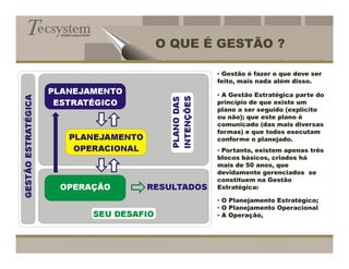 Gestão empresarial


                     O QUE É GESTÃO ?

                            • Gestão é fazer o que deve ser
                            feito, mais nada além disso.

                            • A Gestão Estratégica parte do
                            princípio de que existe um
                            plano a ser seguido (explícito
                            ou não); que este plano é
                            comunicado (das mais diversas
                            formas) e que todos executam
                            conforme o planejado.
                            • Portanto, existem apenas três
                            blocos básicos, criados há
                            mais de 50 anos, que
                            devidamente gerenciados se
                            constituem na Gestão
                            Estratégica:

                            • O Planejamento Estratégico;
                            • O Planejamento Operacional
                            • A Operação,
 