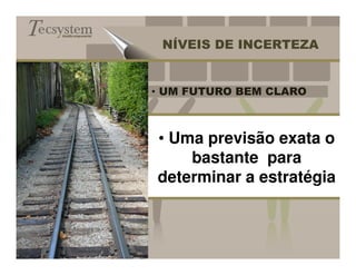 Gestão empresarial


                      NÍVEIS DE INCERTEZA


                     • UM FUTURO BEM CLARO



                     • Uma previsão exata o
                         bastante para
                     determinar a estratégia
 