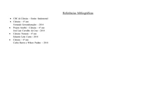 Referências bibliográficas
 CBC de Ciências – Ensino fundamental
 Ciências – 6º ano
Fernando Gewandsznajder - 2014
 Projeto Araribá – Ciências – 6º ano
José Luiz Carvalho da Cruz – 2014
 Ciências Naturais – 6º ano
Eduardo Leite Canto - 2014
 Ciências – 6º ano
Carlos Barros e Wilson Paulino – 2014
 