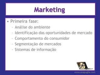 Marketing
• Primeira fase:
  –   Análise do ambiente
  –   Identificação das oportunidades de mercado
  –   Comportamento do consumidor
  –   Segmentação de mercados
  –   Sistemas de informação




                                      www.anapuglia.com
 