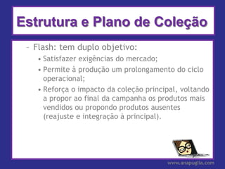 Estrutura e Plano de Coleção
 – Flash: tem duplo objetivo:
   • Satisfazer exigências do mercado;
   • Permite à produção um prolongamento do ciclo
     operacional;
   • Reforça o impacto da coleção principal, voltando
     a propor ao final da campanha os produtos mais
     vendidos ou propondo produtos ausentes
     (reajuste e integração à principal).




                                        www.anapuglia.com
 