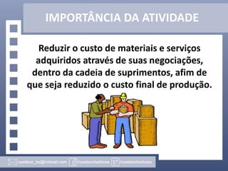 IMPORTÂNCIA DA ATIVIDADE
Reduzir o custo de materiais e serviços
adquiridos através de suas negociações,
dentro da cadeia de suprimentos, afim de
que seja reduzido o custo final de produção.

 