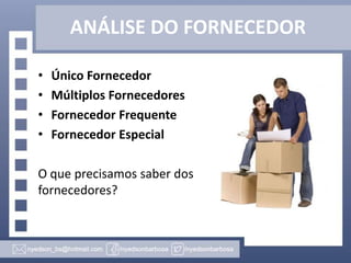 ANÁLISE DO FORNECEDOR
•
•
•
•

Único Fornecedor
Múltiplos Fornecedores
Fornecedor Frequente
Fornecedor Especial

O que precisamos saber dos
fornecedores?

 