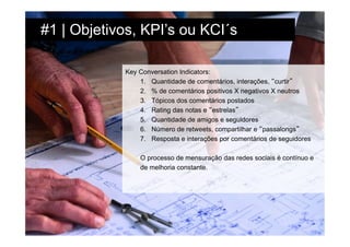 #1 | Objetivos, KPI’s ou KCI´s

            Key Conversation Indicators:
                1.  Quantidade de comentários, interações, “curtir”
                2.  % de comentários positivos X negativos X neutros
                3.  Tópicos dos comentários postados
                4.  Rating das notas e “estrelas”
                5.  Quantidade de amigos e seguidores
                6.  Número de retweets, compartilhar e “passalongs”
                7.  Resposta e interações por comentários de seguidores

                O processo de mensuração das redes sociais é contínuo e
                de melhoria constante.
 