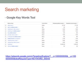 Search marketing
• Google Key Words Tool




https://adwords.google.com/o/Targeting/Explorer?__c=1000000000&__u=100
0000000&ideaRequestType=KEYWORD_IDEAS
 