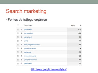 Search marketing
• Fontes de tráfego orgânico




                 http://www.google.com/analytics/
 