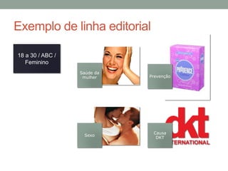 Exemplo de linha editorial

18 a 30 / ABC /
   Feminino
                  Saúde da
                   mulher    Prevenção




                              Causa
                   Sexo
                               DKT
 